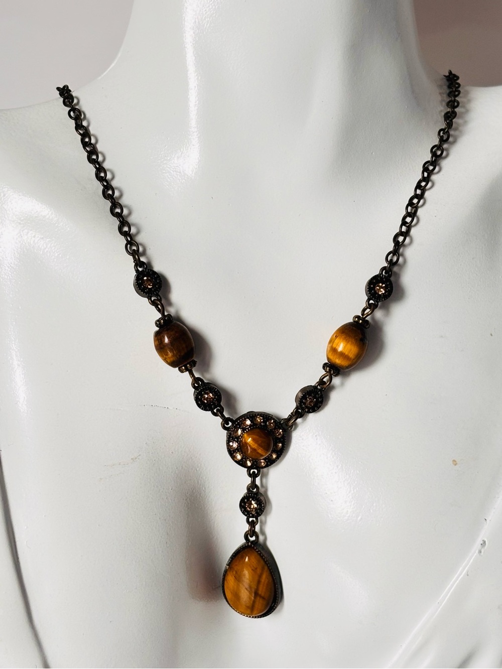 🌷5/25$ Vintage Avon Tiger Eye Y-Drop Dainty with Rhinestones